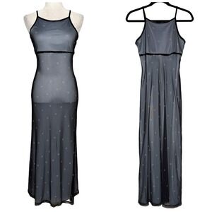 Vtg 90s Mesh Overlay Column Maxi Empire Waist Dress 7/8 Fairy Grunge Whimsigoth